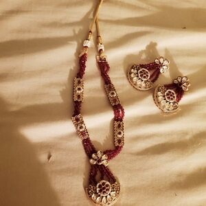 Gold-Tone Maroon Beaded Traditional Necklace & Earring Set